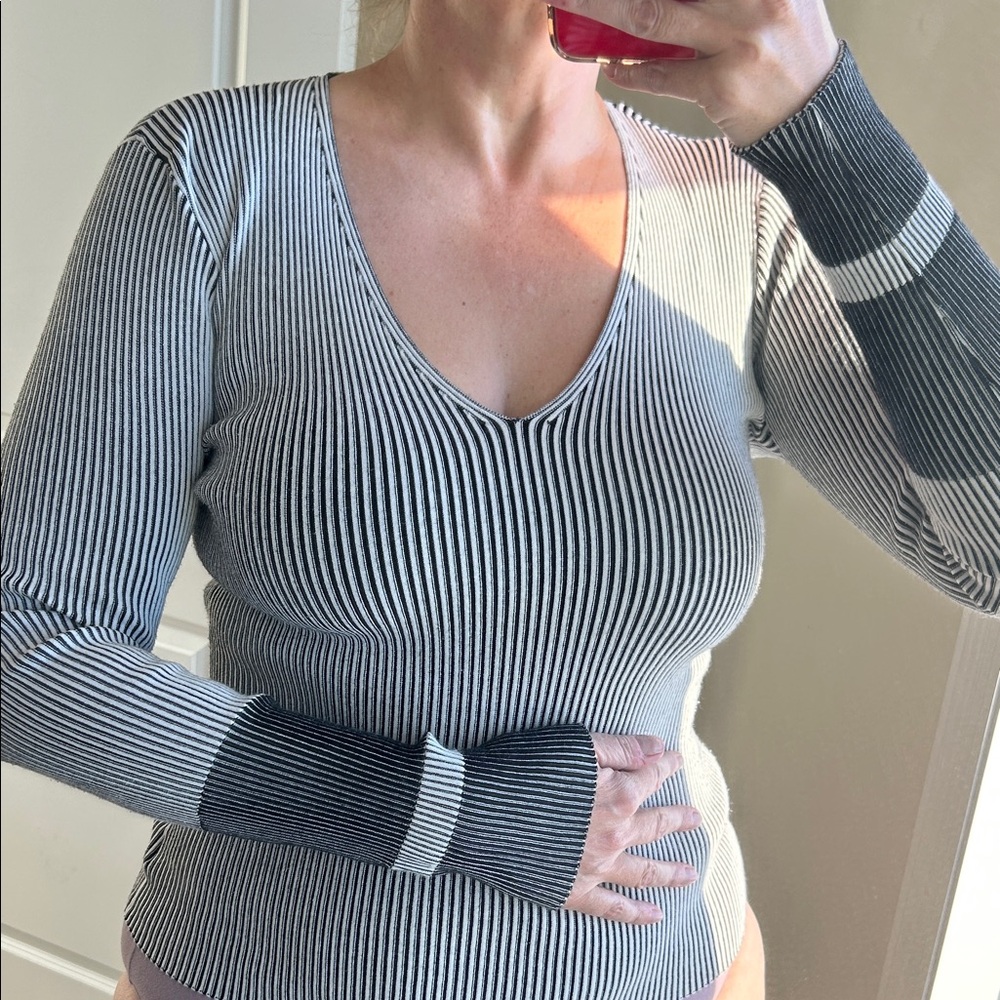 Theory Black and White Ribbed V-Neck Top